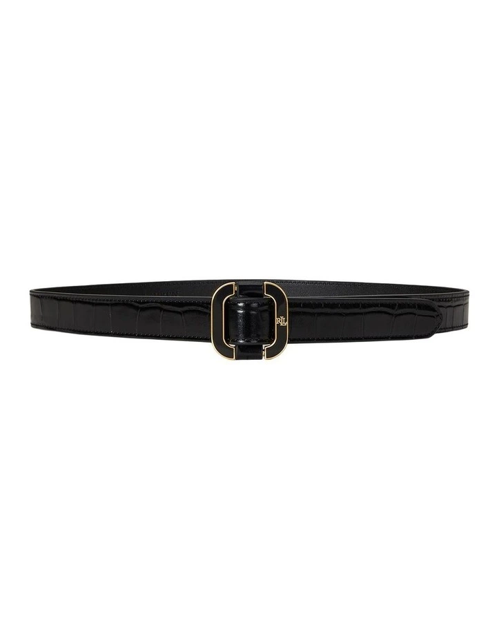 Slide-Buckle Croc-Embossed Leather Belt in Black image 1