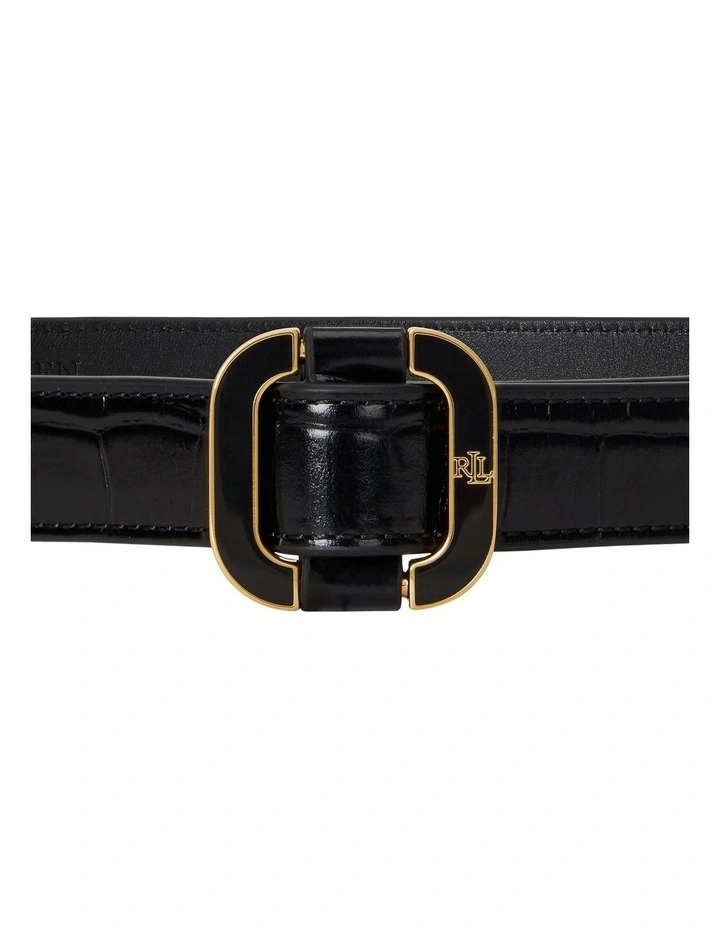 Slide-Buckle Croc-Embossed Leather Belt in Black image 2