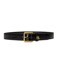 Logo-Keeper Croc-Embossed Leather Belt in Black