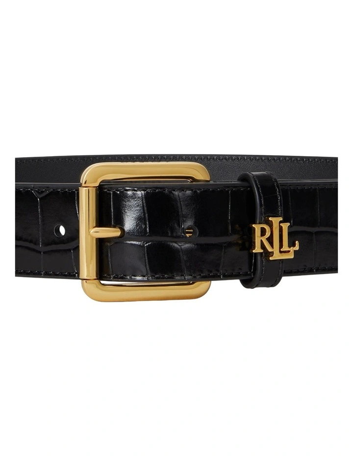 Logo-Keeper Croc-Embossed Leather Belt in Black image 2