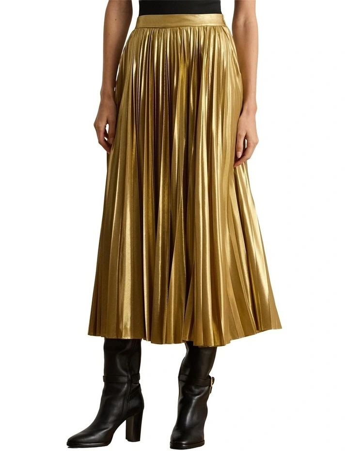 Pleated Metallic Chiffon Skirt in Gold image 1