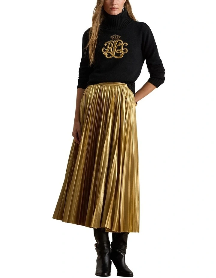 Pleated Metallic Chiffon Skirt in Gold image 3