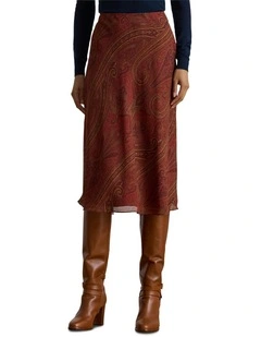 Paisley Crinkle Georgette Midi Skirt in Red