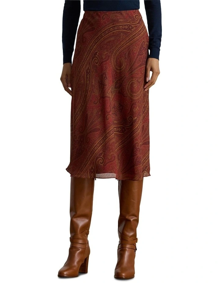 Paisley Crinkle Georgette Midi Skirt in Red image 1