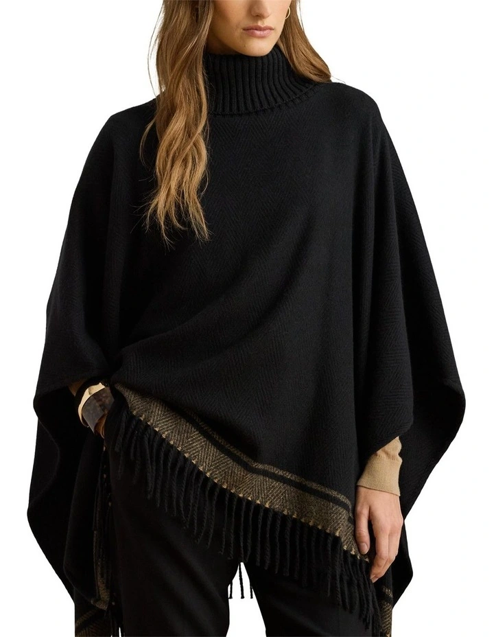 Two-Tone Herringbone Turtleneck Ruana in Black image 1