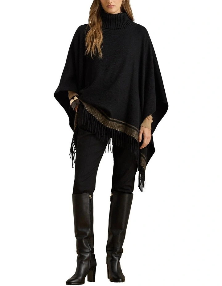 Two-Tone Herringbone Turtleneck Ruana in Black image 3