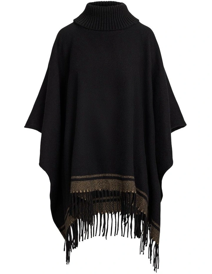 Two-Tone Herringbone Turtleneck Ruana in Black image 4