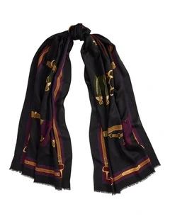 Belting-Motif Wool Wrap Scarf in Black