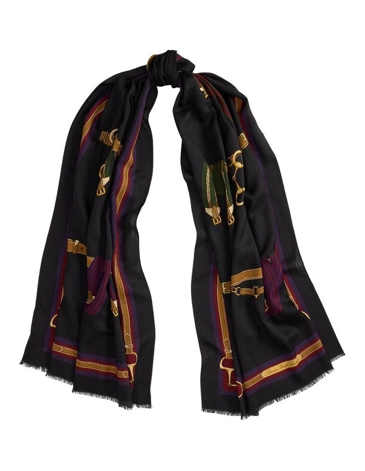 Belting-Motif Wool Wrap Scarf in Black image 1