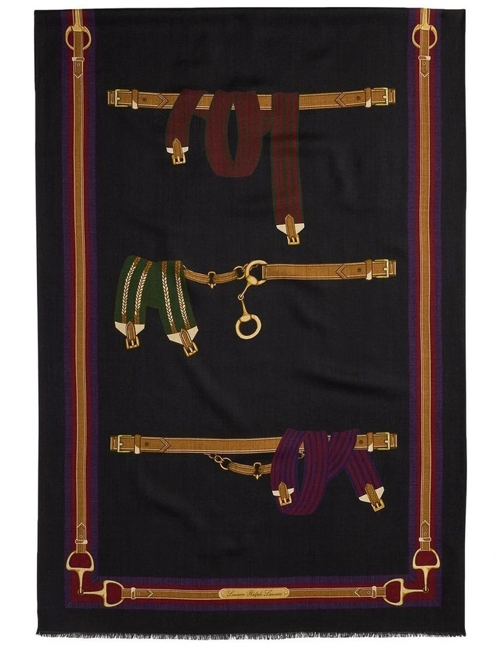 Belting-Motif Wool Wrap Scarf in Black image 2