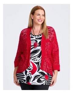 Cotton Boucle Sparkle Knit Cardigan in Red