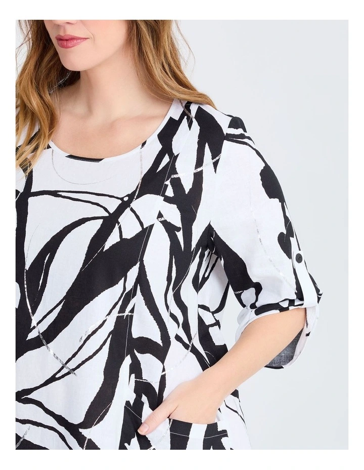 Graphic Linen Bamboo Tulip Dress White/black Print image 3
