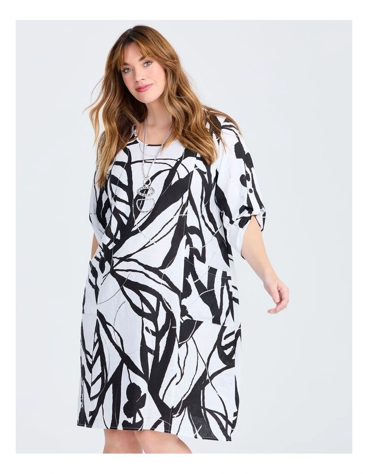 Graphic Linen Bamboo Tulip Dress White/black Print image 4
