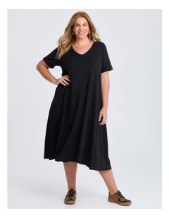 Cotton V-neck Swing Dress Black