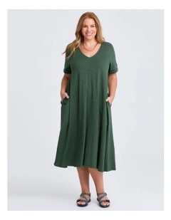 Cotton V-neck Swing Dress Dark Ivy