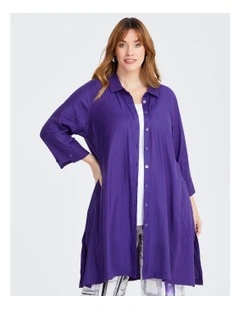 Iris Stretch Linen Longline Shirt in Purple