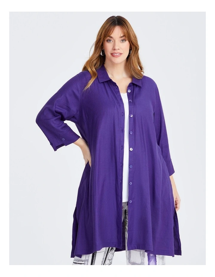 Iris Stretch Linen Longline Shirt in Purple image 1