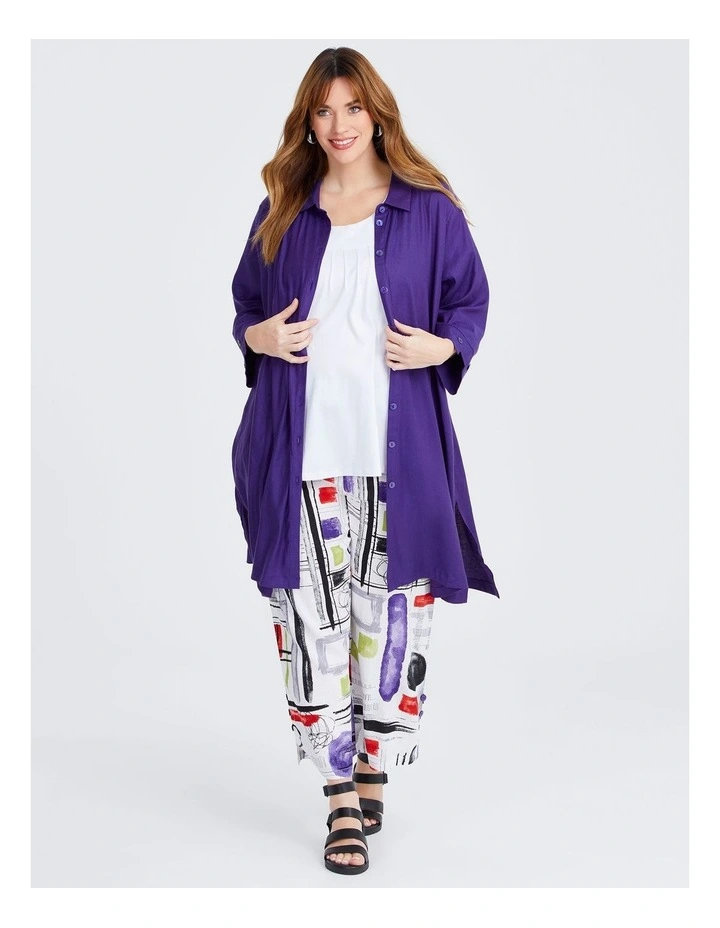 Iris Stretch Linen Longline Shirt in Purple image 3