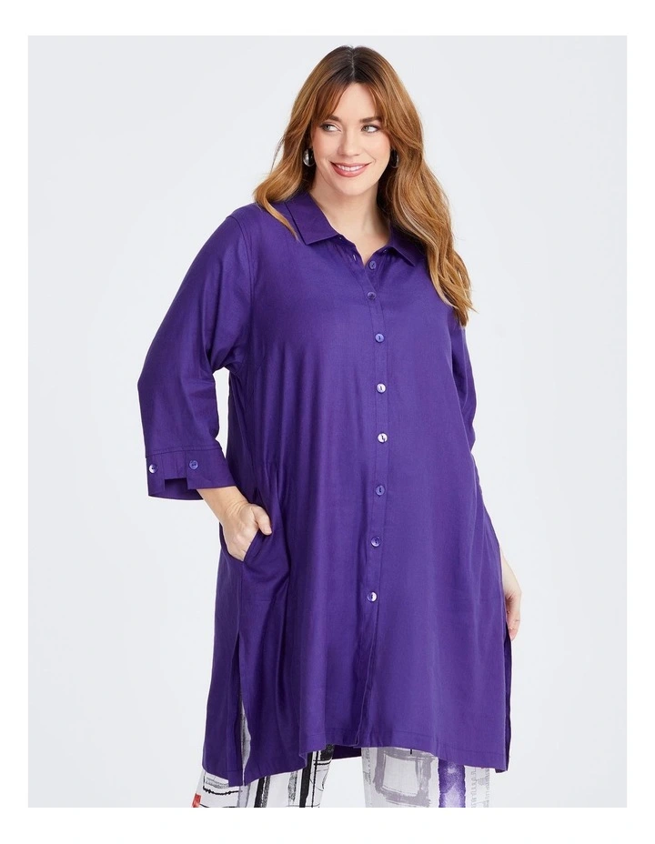 Iris Stretch Linen Longline Shirt in Purple image 5