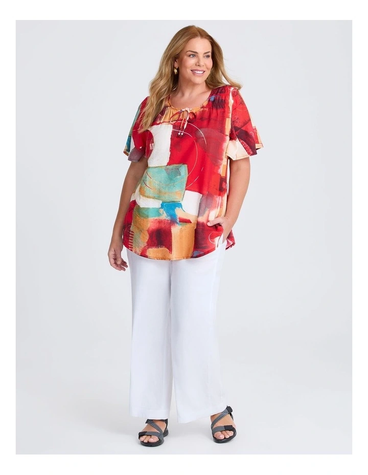 Tie Front Shirring Natural Top in Red Print image 2