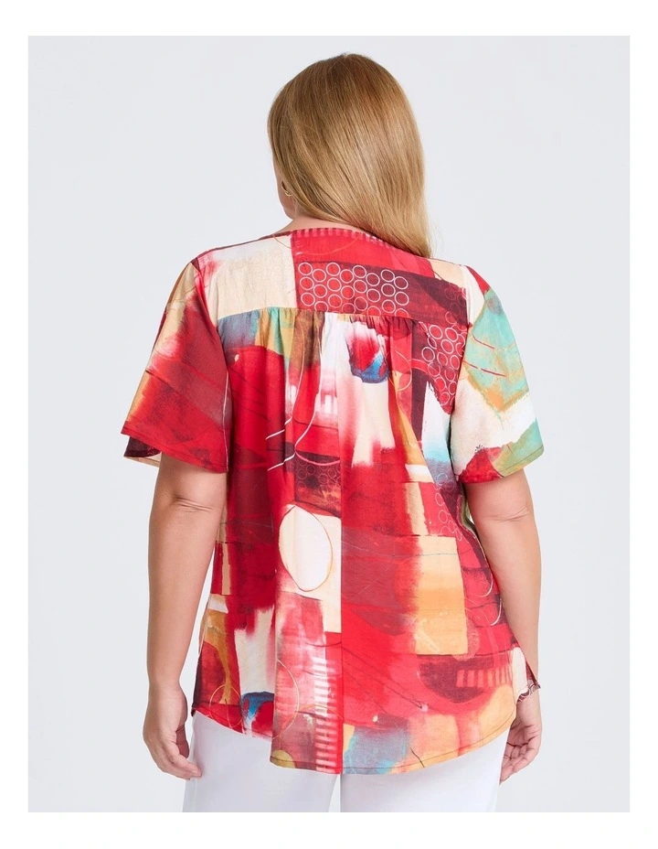 Tie Front Shirring Natural Top in Red Print image 3