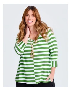 Natural Hana Stripe Top in Clover Green/White
