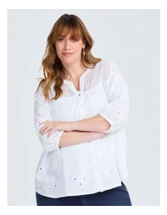 Cotton Mix Broderie Top in White