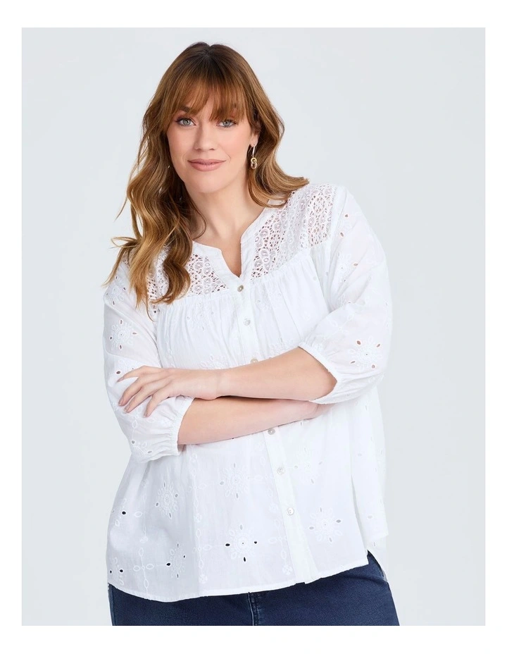 Cotton Mix Broderie Top in White image 1