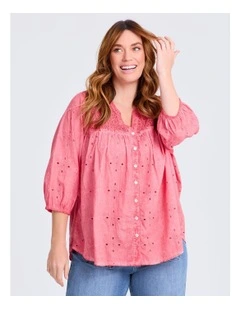Cotton Mix Broderie Top in Sugar Coral