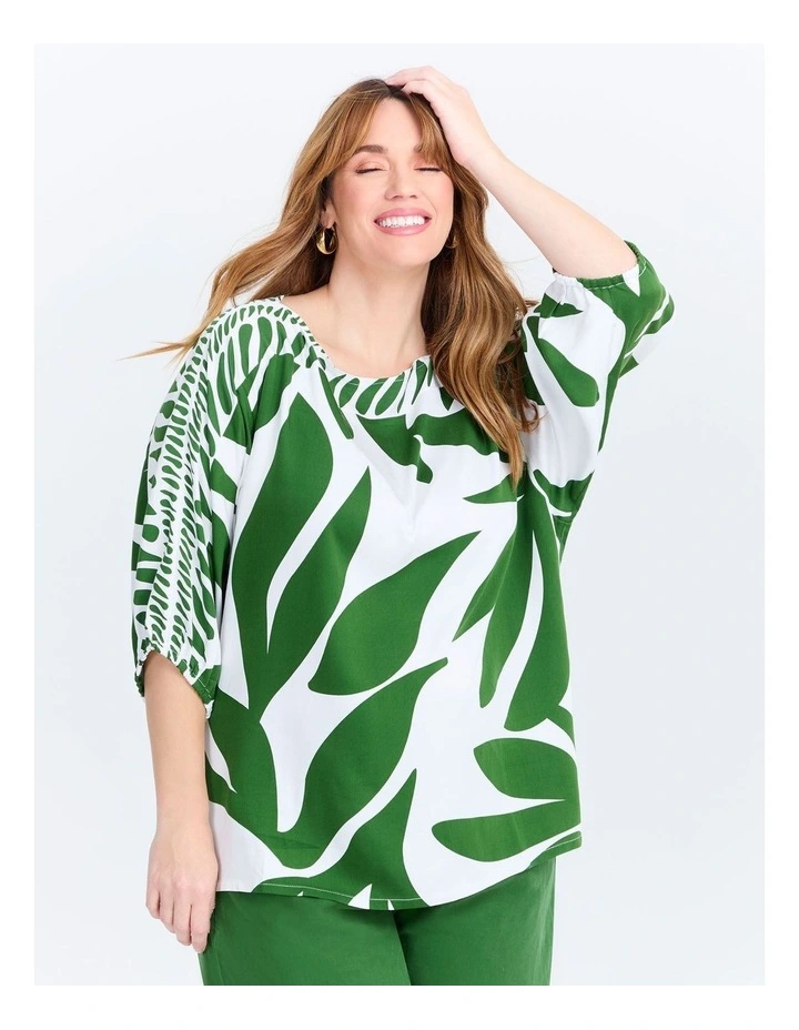 Natural Leaf Print Top in Amazon Green/White image 1