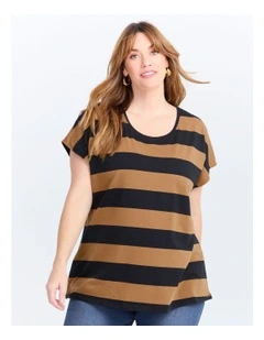 Cotton Block Stripe T-shirt in Walnut/Black