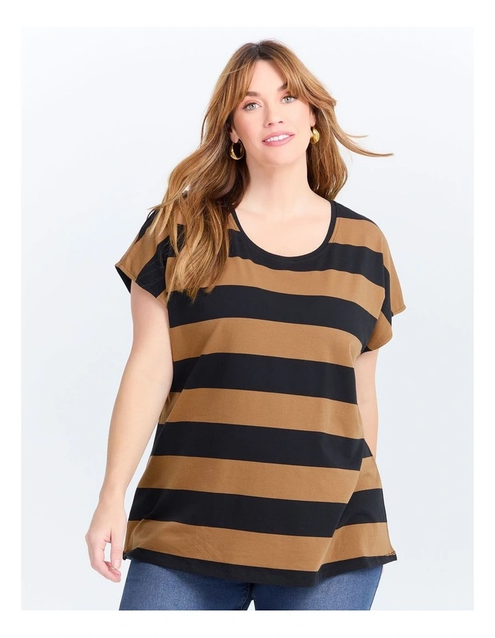 Cotton Block Stripe T-shirt in Walnut/Black image 1