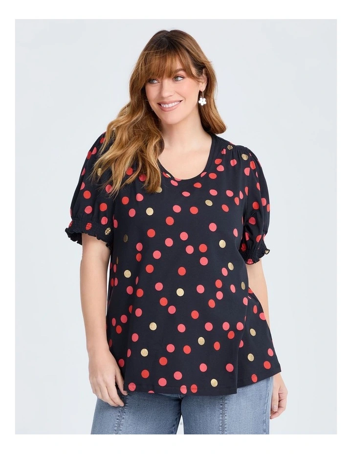 Cotton Shirred Sleeve Spot Top in Multi image 1