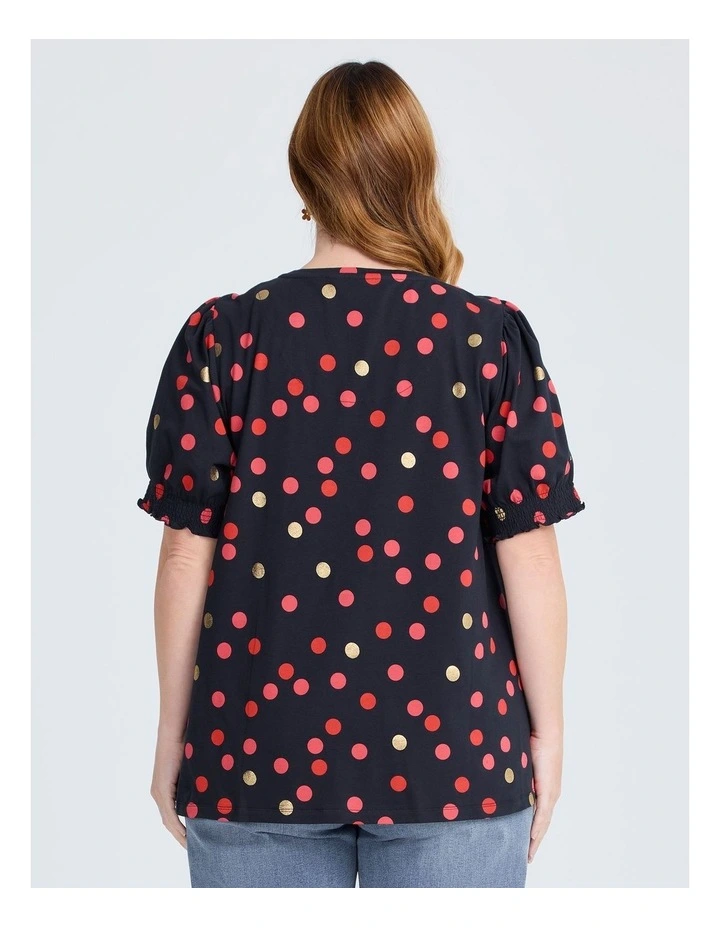 Cotton Shirred Sleeve Spot Top in Multi image 2