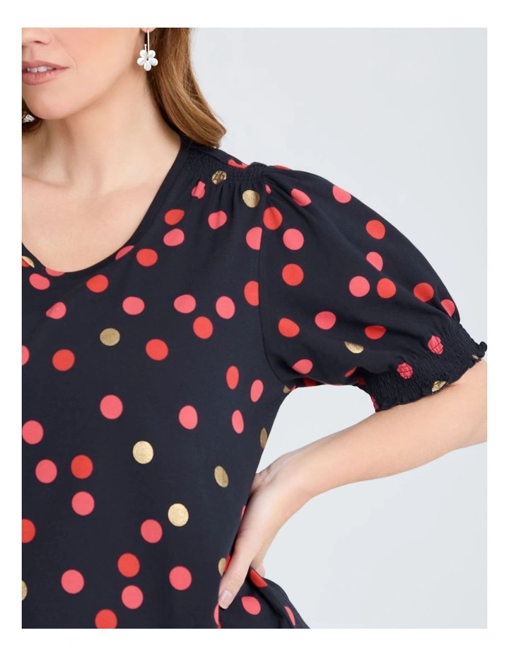 Cotton Shirred Sleeve Spot Top in Multi image 3