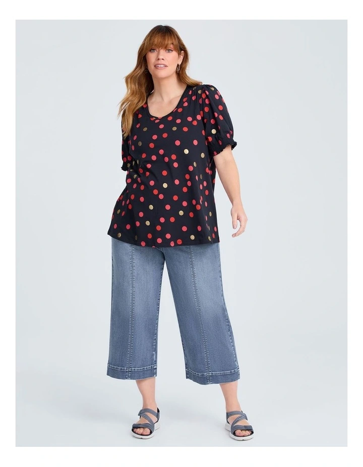 Cotton Shirred Sleeve Spot Top in Multi image 4