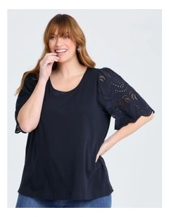 Cotton Broderie Palm T-shirt in Navy