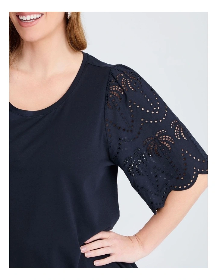 Cotton Broderie Palm T-shirt in Navy image 3