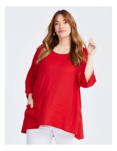 Stretch Linen Tab Button Tunic Top in Red