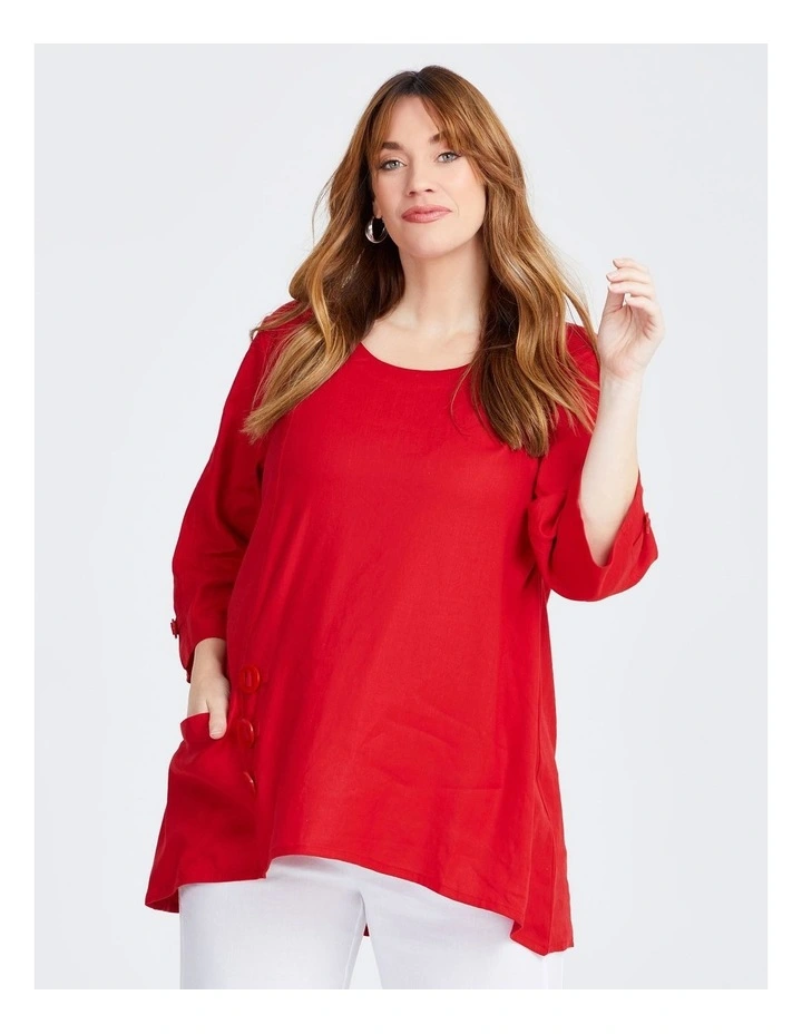 Stretch Linen Tab Button Tunic Top in Red image 1