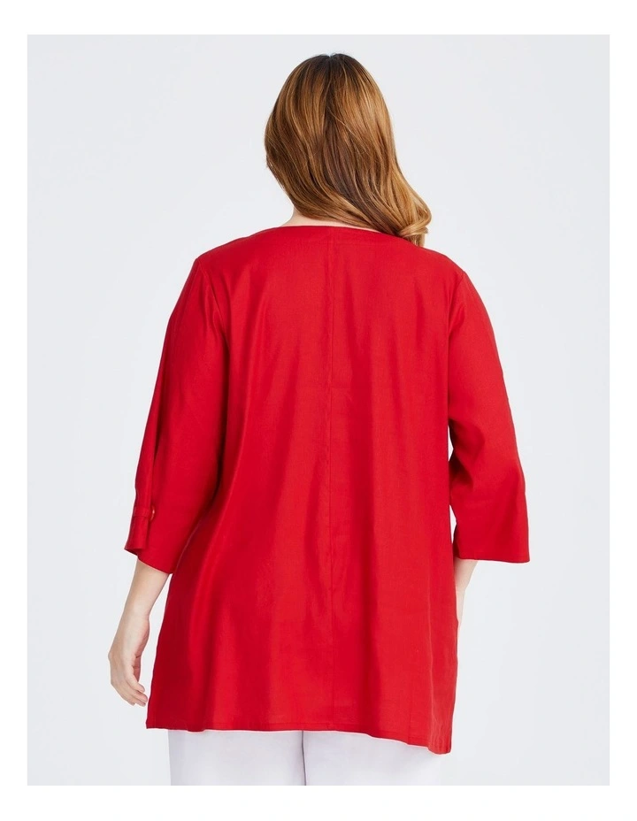 Stretch Linen Tab Button Tunic Top in Red image 2