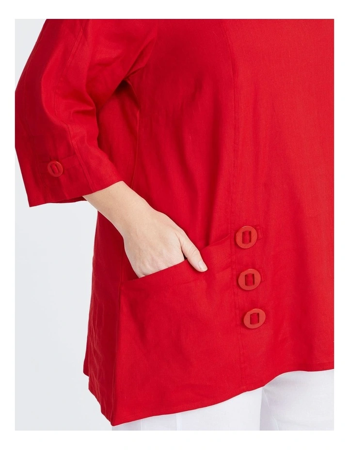 Stretch Linen Tab Button Tunic Top in Red image 3