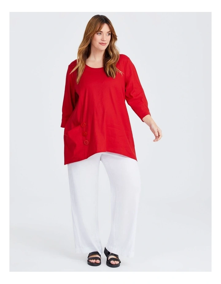Stretch Linen Tab Button Tunic Top in Red image 4