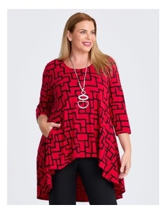 Swing Longline Natural Tunic Red Print