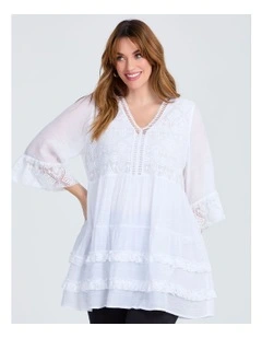 Lace Trim Tiered V-neck Tunic White