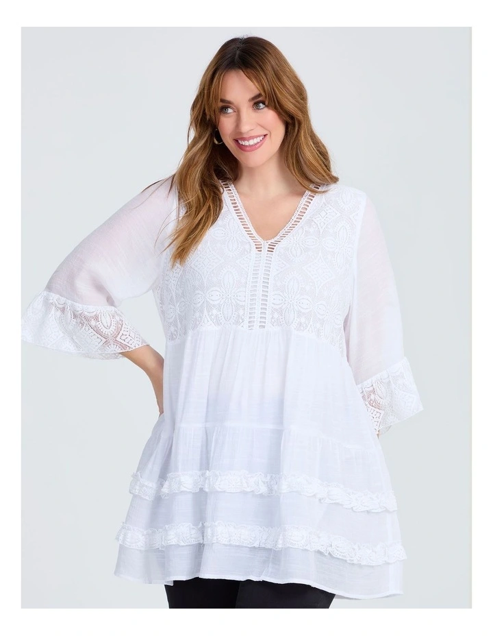 Lace Trim Tiered V-neck Tunic White image 1