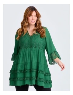 Lace Trim Tiered V-neck Tunic Amazon Green