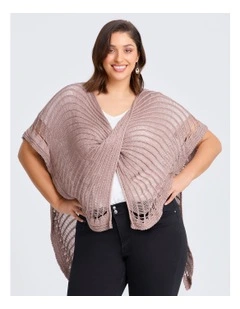 Open Knit Twist Front Poncho in Natural