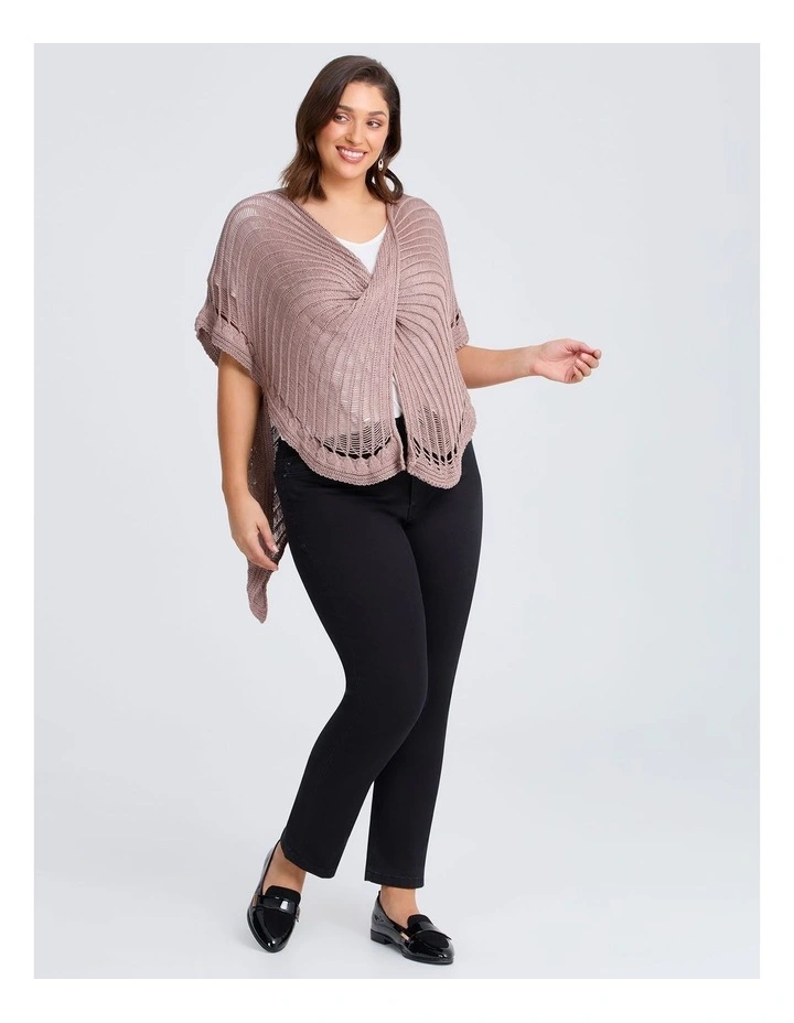 Open Knit Twist Front Poncho in Natural image 4