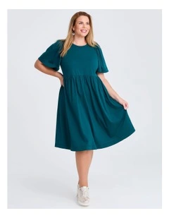 Cotton Contrast Stitch Dress in Dark Atlantic